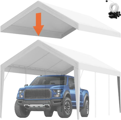 VEVOR Carport Replacement Canopy Cover 10 x 20 ft, Garage Top Tent Shelter Tarp Heavy-Duty Waterproof & UV Protected, Easy Installation with Ball Bungees,White (Only Top Cover, Frame Not Include)