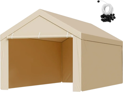 VEVOR Carport Replacement Canopy, 10 x 20 ft Potable Garage Tent Top Tarp with Sidewalls, UV-Resistant & Waterproof, Heavy Duty Car Shelter Tarp with Ball Buggees, Beige, Frame Not Included