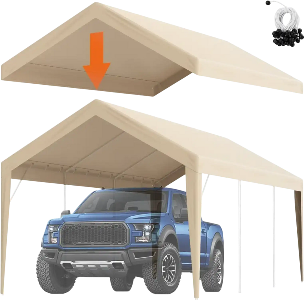 VEVOR Carport Replacement Canopy Cover 10 x 20 ft, Garage Top Tent Shelter Tarp Heavy-Duty Waterproof & UV Protected, Easy Installation with Ball Bungees,Beige (Only Top Cover, Frame Not Include)