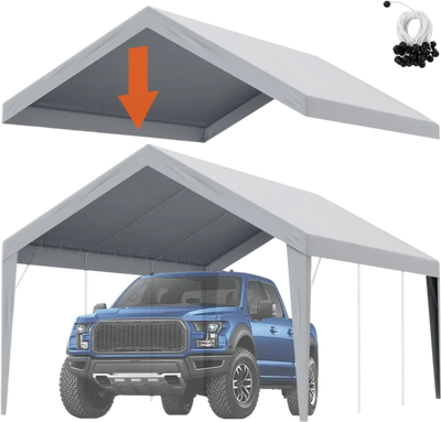 VEVOR Carport Replacement Canopy Cover 12 x 20 ft, Garage Top Tent Shelter Tarp Heavy-Duty Waterproof & UV Protected, Easy Installation with Ball Bungees,Grey (Only Top Cover, Frame Not Include)