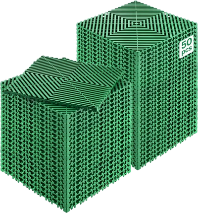 VEVOR Interlocking Drainage Mat, 50 Pcs Modular Interlocking Cushion, 12” x 12” Splicing Drainage Mats, Non-Slip Green PP Drainage Floor Tile and Shower Mat, for Garage, Garden, Kitchen & Outdoor