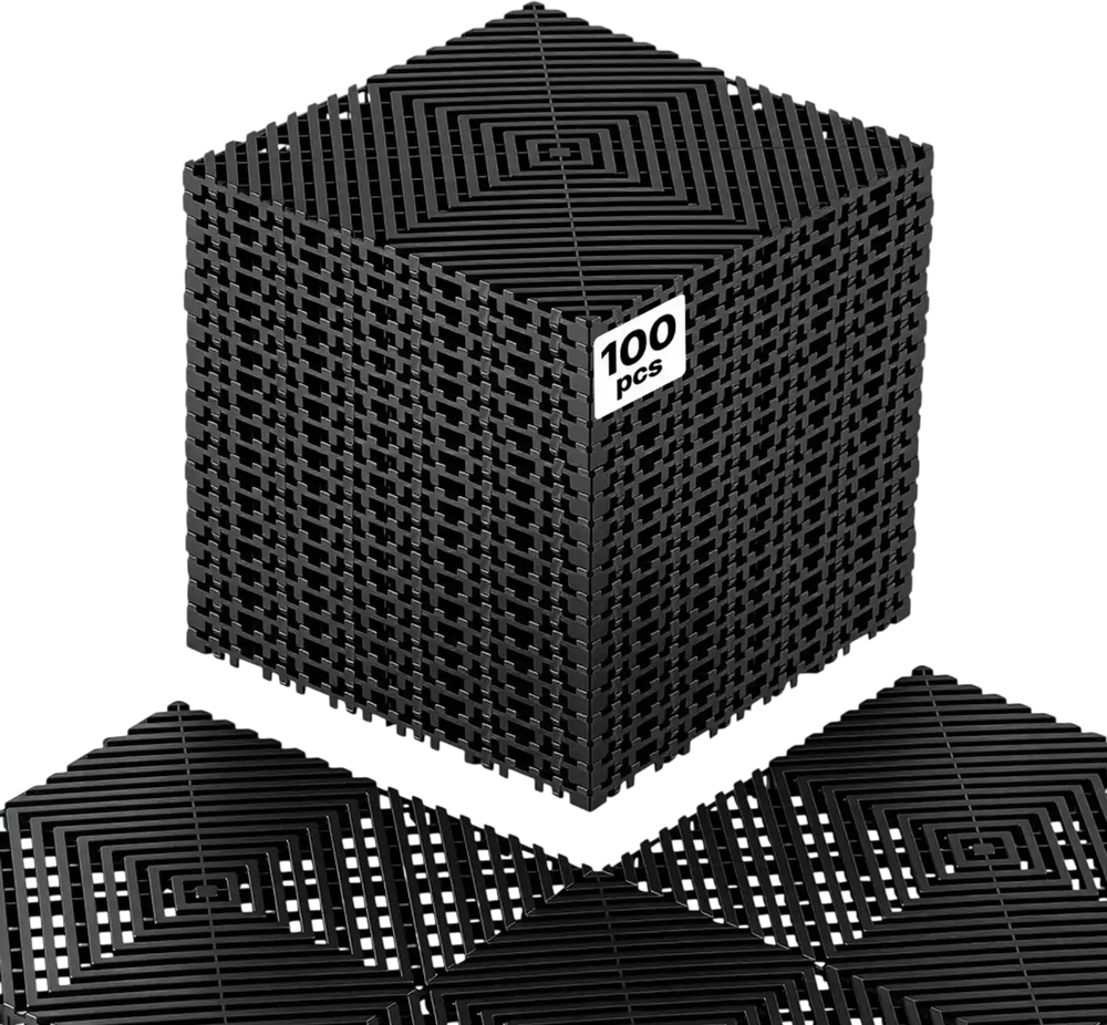 VEVOR Interlocking Drainage Mats 100 Pack 12 x 12 in Black Floor Tiles, for Garages Basements Car Wash Shops, Non-Slip Heavy-Duty PP Modular Interlocking Cushion, 0.6 in Thickened, Easy to Clean