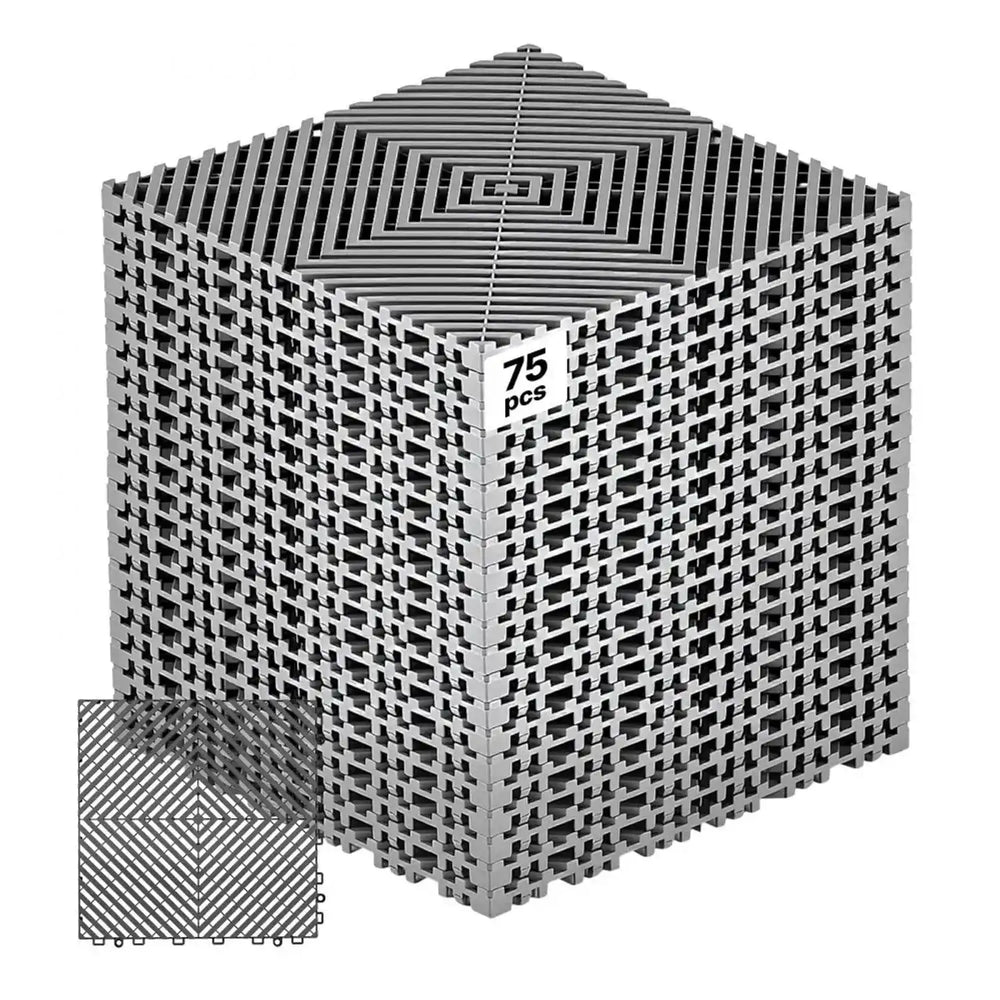 VEVOR Interlocking Drainage Mats 75 Pack 12 x 12 in Dark Gray Floor Tiles, for Garages Basements Car Wash Shops, Non-Slip Heavy-Duty PP Modular Interlocking Cushion, 0.6 in Thickened, Easy to Clean