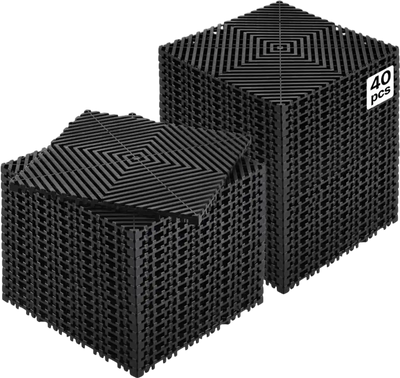 VEVOR Interlocking Drainage Mat, 12” x 12” Modular Interlocking Cushion, 40 Pcs Splicing Drainage Mats, Non-Slip Black PP Drainage Floor Tile and Shower Mat, for Garage, Garden, Kitchen & Outdoor