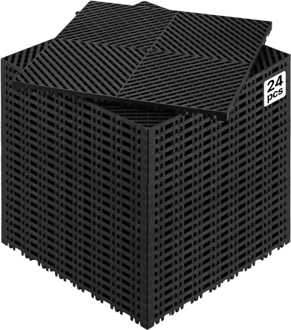 VEVOR Interlocking Drainage Mat, 15.7” x 15.7” Modular Interlocking Cushion, 24 Pcs Splicing Drainage Mats, Non-Slip Black PP Drainage Floor Tile and Shower Mat, for Garage, Garden, Kitchen & Outdoor