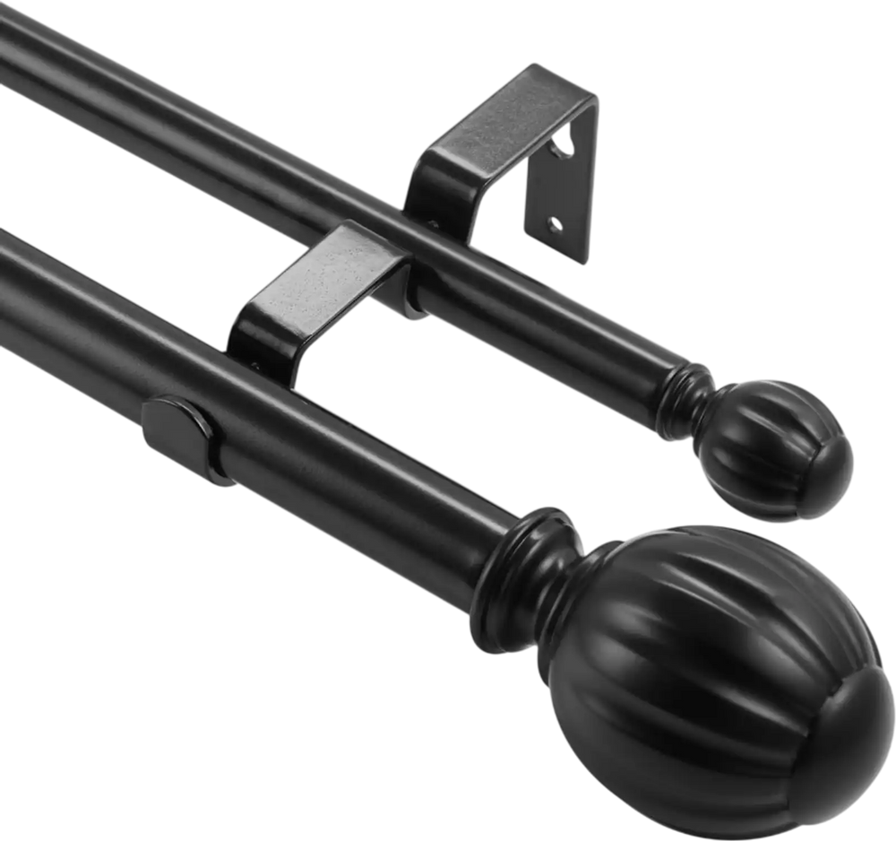 VEVOR Double Rod Curtain Rods, 36-72 inches(3-6ft) Adjustable Length, Black Double Curtain Rods with Round Finials, 1" and 3/4" Diameter, Double Window Drapery Rod for Sheer and Blackout Curtains