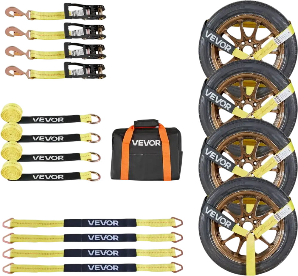 VEVOR Wheel Chock Tie-Down Kit, Tire-Style Trailer Tie Down Strap, Car Tie Down Kit with Spring Hook, Break Strength 10009 lbs & Working Load 3333 lbs Motorcycle Tie-Down System for ATV, SUV, Trailer