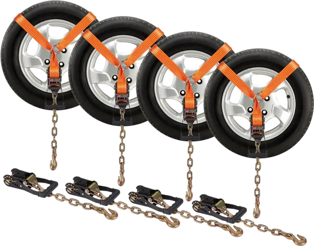 VEVOR Car Tie Down with Chain Anchors, Lasso Style 2"×120" Tire Straps, 5865 LBS Working Load, 11023 LBS Breaking Strength, with Heavy Duty Ratchets for Passenger Car, ATV, SUV, UTV, Truck, 4-Pack