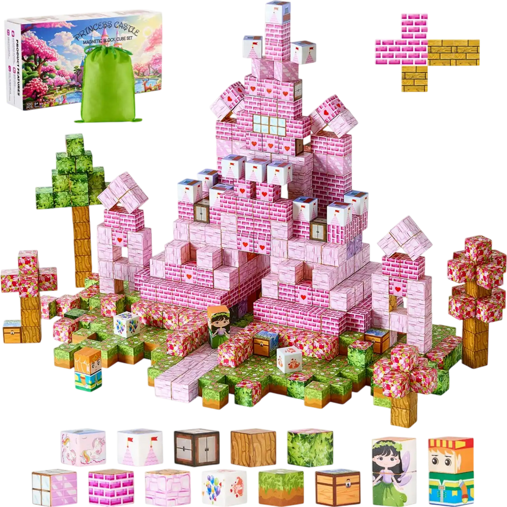 VEVOR Magnetic Blocks, 100 PCS Princess Castle Set, Magnetic Building Cubes for Kids, STEM Montessori Sensory Toys for Christmas Birthday Gift, Construction Stacking Toy for 3+ Years Old Boys & Girls