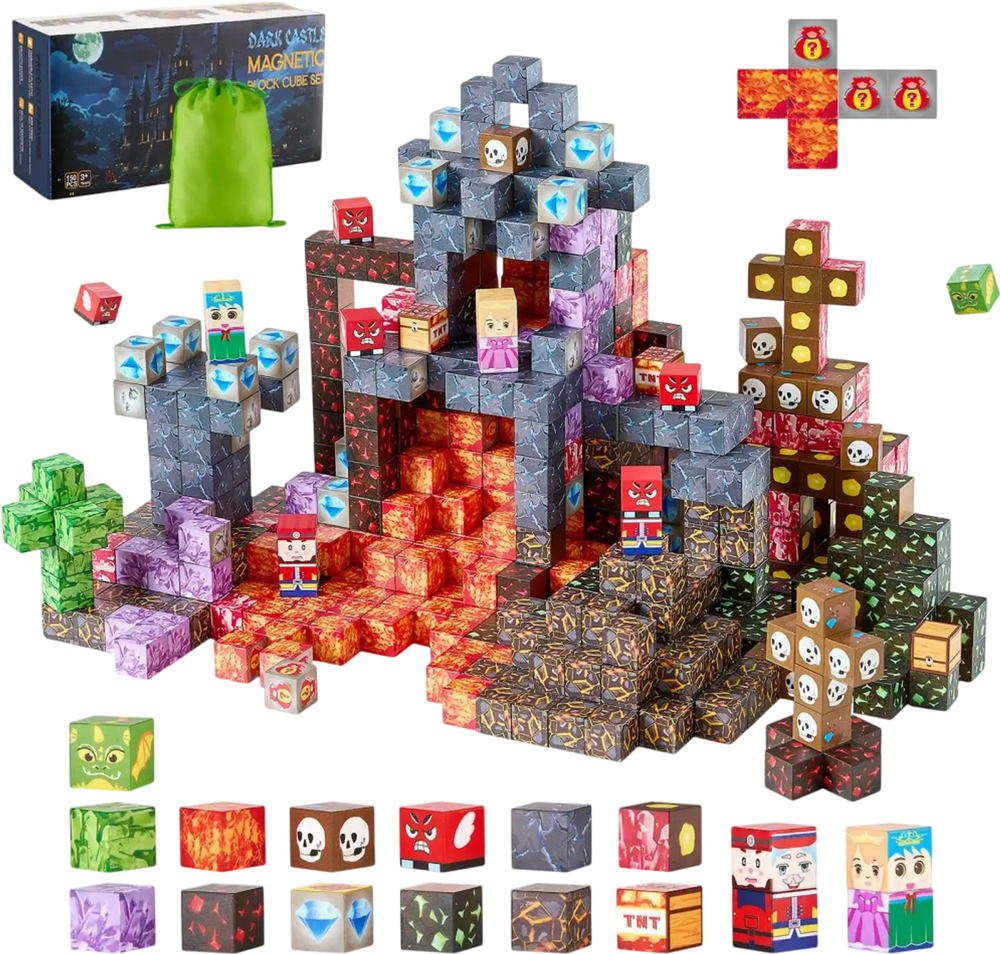 VEVOR Magnetic Blocks, 150 PCS Dark Castle Set, Magnetic Building Cubes for Kids, STEM Montessori Sensory Toys for Christmas Birthday Gift, Construction Stacking Toy for 3+ Years Old Boys & Girls