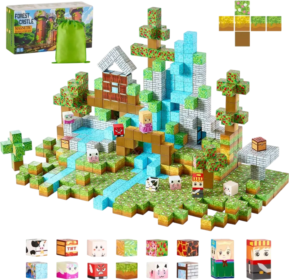 VEVOR Magnetic Blocks, 150 PCS Forest Castle Set, Magnetic Building Cubes for Kids, STEM Montessori Sensory Toys for Christmas Birthday Gift, Construction Stacking Toy for 3+ Years Old Boys & Girls