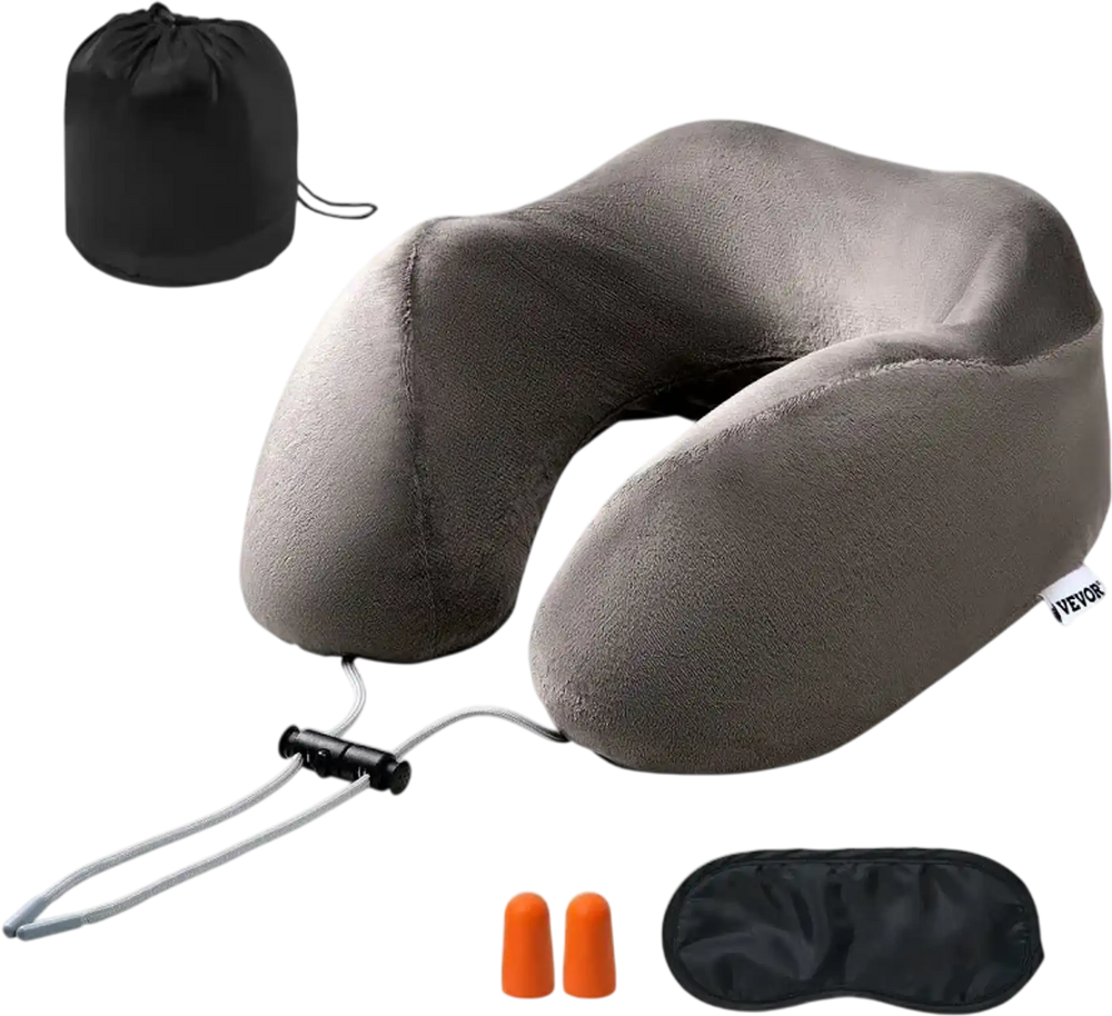 VEVOR Travel Pillow, Neck Pillow for Traveling, Upgraded Bamboo Charcoal Memory Foam Travel Neck Pillow with Eye Mask, Earplugs and Storage Bag, Suitable for Plane Car Home Recliner Use(Dark Gray)