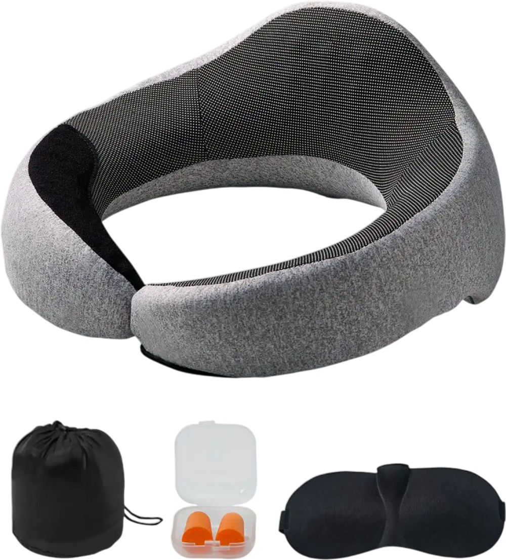 VEVOR Travel Pillow, Double-Layered 3D Support Neck Pillow for Traveling, 360° Flexible Rotation Upgraded Memory Foam Travel Neck Pillow with Eye Mask, Earplugs, Earplug Case, Storage Bag(Black-Gray)