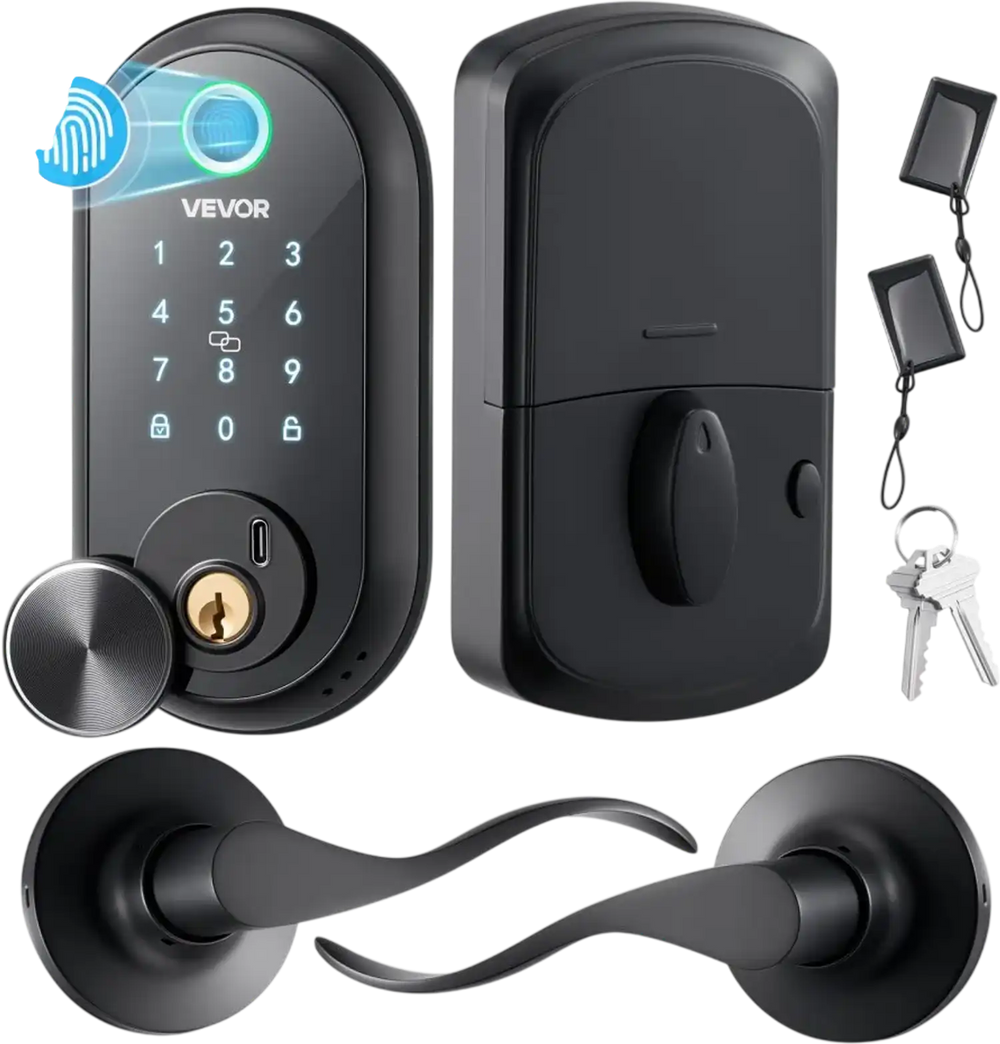VEVOR Fingerprint Door Lock Set, Electronic Biometric Deadbolt Keyless Entry Door Lock with Handle, Touchscreen, Auto Locking, One-Time Code, Anti-Peeking Password, IC Cards, for Home, Matte Black