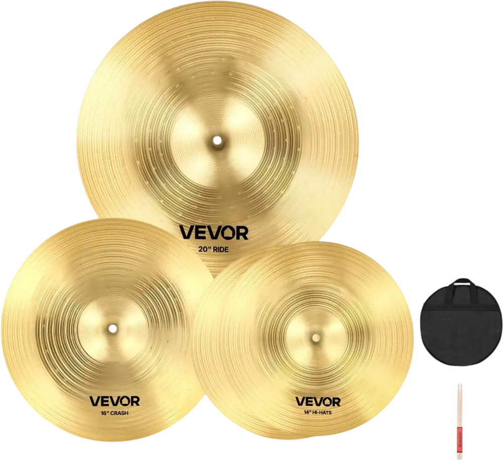 VEVOR Cymbal Pack, 3 Pieces Cymbals for Drum Set, Alloy Cymbals Drum Set Includes 14-inch Hi-Hats, 16-inch Crash, 20-inch Ride, Drumsticks & Cymbal Bag, Alloy Cymbal Pack for Drummer, Bright Copper