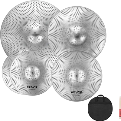 VEVOR Low Volume Cymbal Pack, 4 Pieces Quiet Cymbals for Drum Set, Alloy Cymbals Drum Set Includes 14-inch Hi-Hats, 16-inch Crash, 18-inch Crash, 20-inch Ride, Drumsticks & Cymbal Bag, Bright Copper