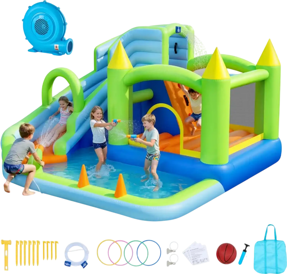 VEVOR Inflatable Bounce House, 11.3 x 12.3 x 7.0 ft Inflatable Bounce House Water Slide, Bouncer Castle with Castle Bounces, Basketball Hoop, Splash Pool & Water Ring Toss, for 3 to 4 Kids Ages 3 to 8