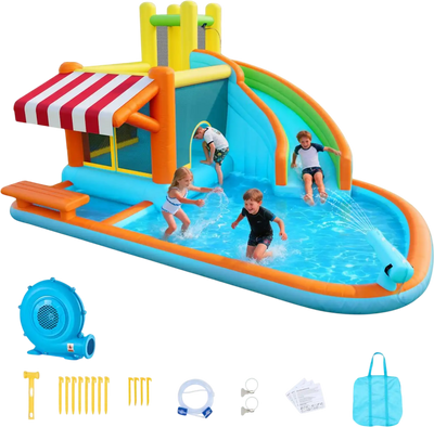 Vevor Inflatable Bounce House Water Slide with Splash Pool & Pretend Market Booth 14.9' x 12.8' x 7.8' New