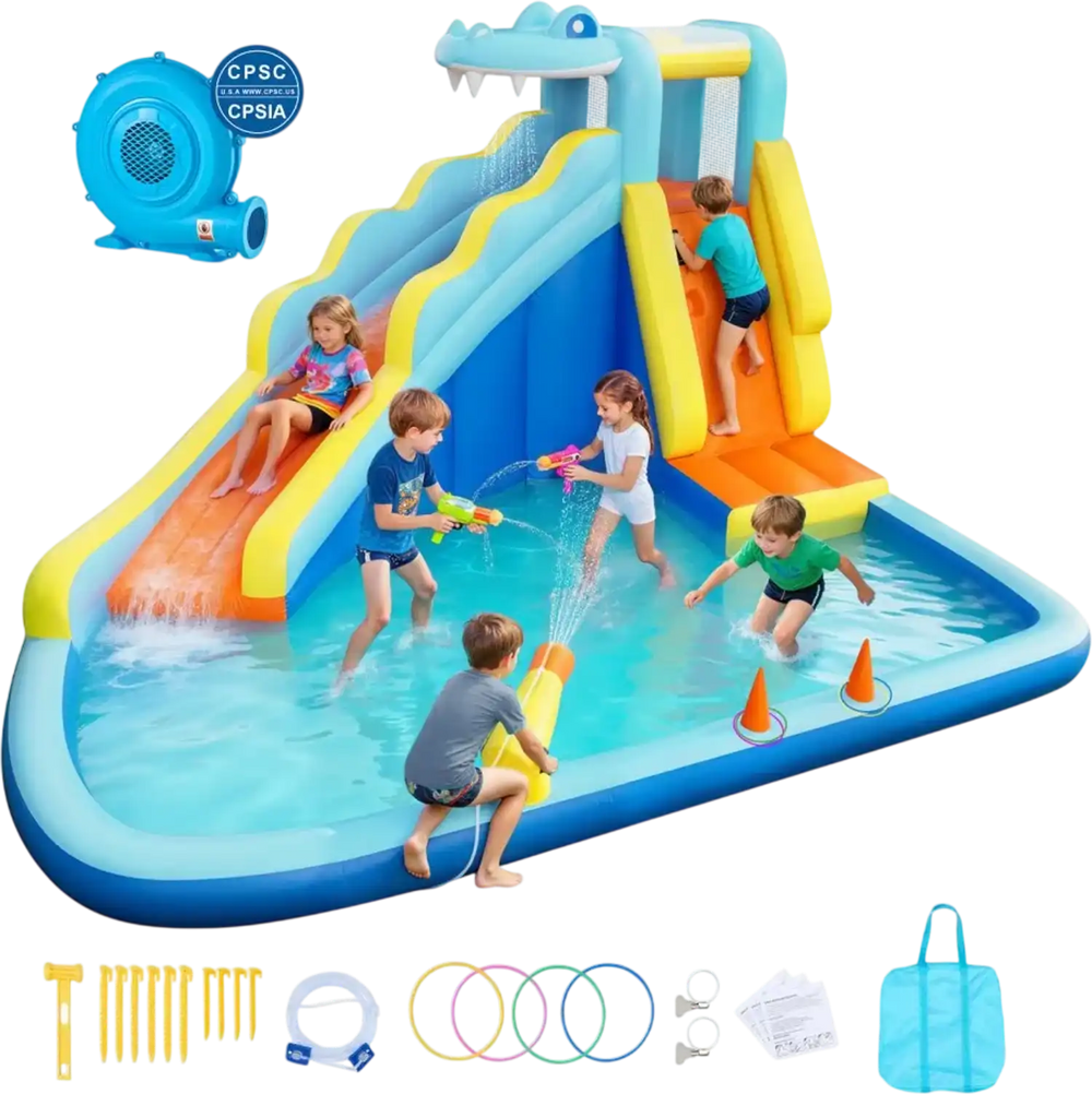 VEVOR Inflatable Bounce House, 11.6 x 13.1 x 7.7 ft Inflatable Bounce House Water Slide, Bouncer Castle with Bounces Zone, Climbing Wall, Splash Pool & Water Ring Toss, for 3 to 4 Kids Ages 3 to 8