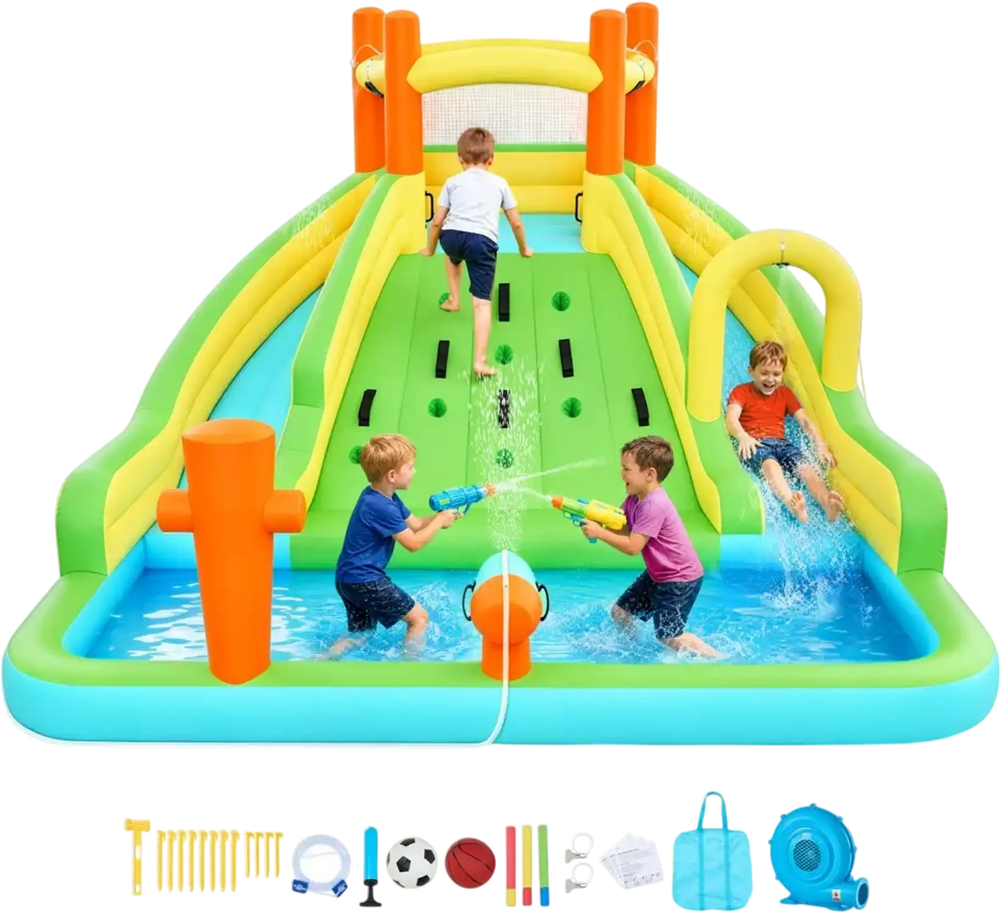 VEVOR Inflatable Bounce House, 13.3 x 11.4 x 8.4 ft Inflatable Bounce House Water Slide, Bouncer Castle with Climbing Wall, Double Tall Slides, Splash Pool & Mini Soccer, for 3 to 4 Kids Ages 3 to 8