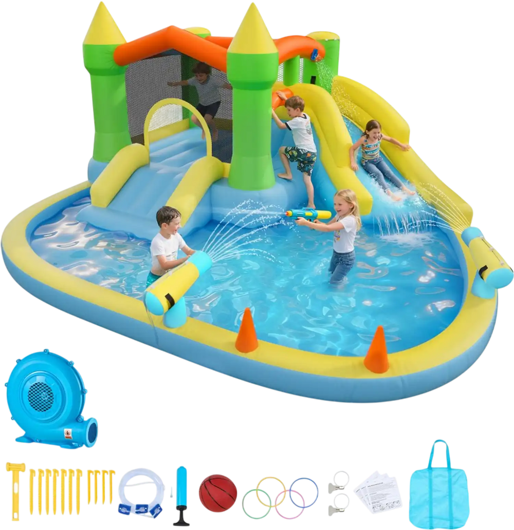 VEVOR Inflatable Bounce House, 12.5 x 13.1 x 6.5 ft Inflatable Bounce House Water Slide, Bouncer Castle with Castle Bounces, Basketball Hoop, Splash Pool & Water Ring Toss, for 3 to 4 Kids Ages 3 to 8