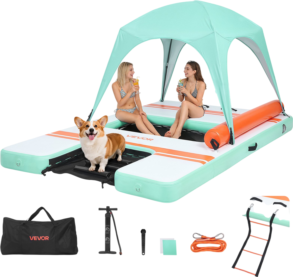 VEVOR Inflatable Floating Dock, 10 x 6 FT Inflatable Dock Platform, Non-Slip Water Air Mat with Portable Carrying Bag and Detachable Ladder, Floating Water Platform Island Raft for Pool Beach Ocean