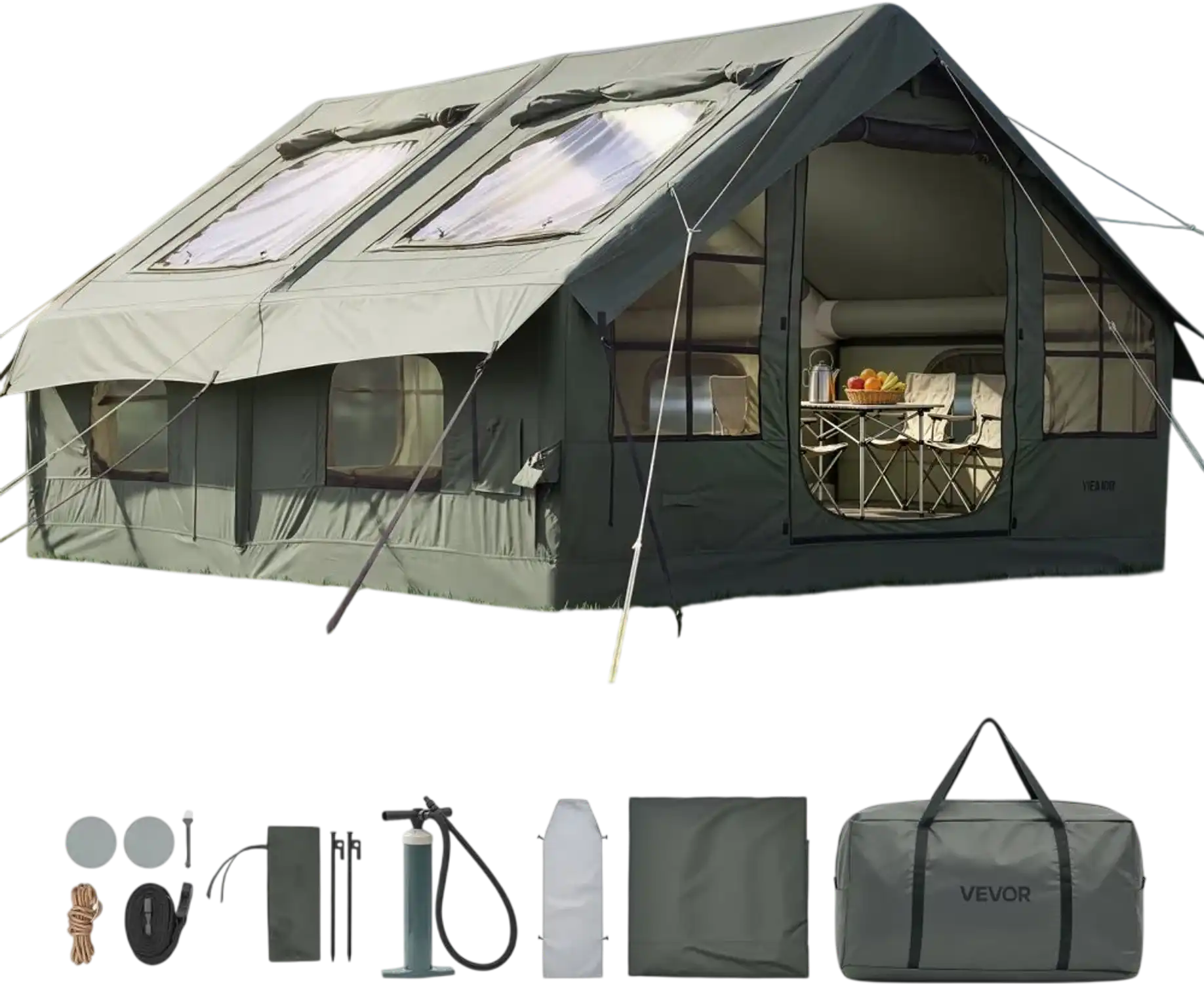 Vevor Camping Tent Inflatable 5-8 Person Glamping Tent with Pump Green New