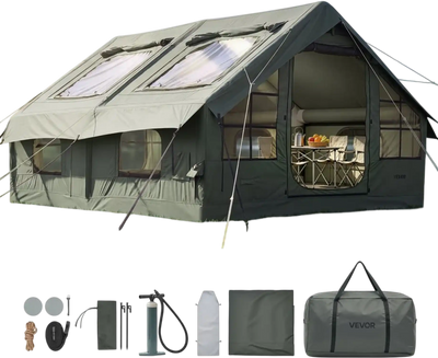 VEVOR Inflatable Tent for Camping 5-8 Person Blow Up Tent with Pump Green, for Family Outdoor Glamping, Waterproof Poly-Cotton, Easy Setup Air House with Skylight, Stove Jack, Mesh Windows & Carry Bag