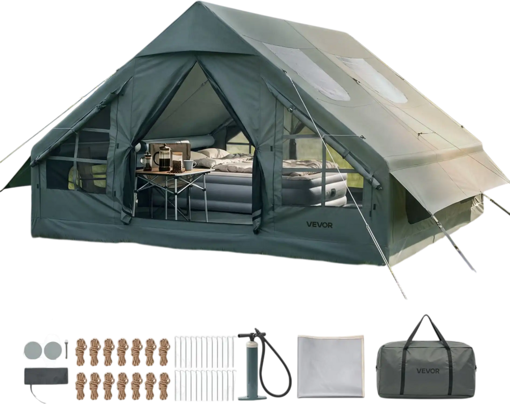 VEVOR Inflatable Tent for Camping 5-8 Person Blow Up Tent with Hand Pump, for Family Outdoor Glamping, Waterproof 420D Oxford, Easy Setup Air House with Skylight, Stove Jack, Mesh Windows & Carry Bag