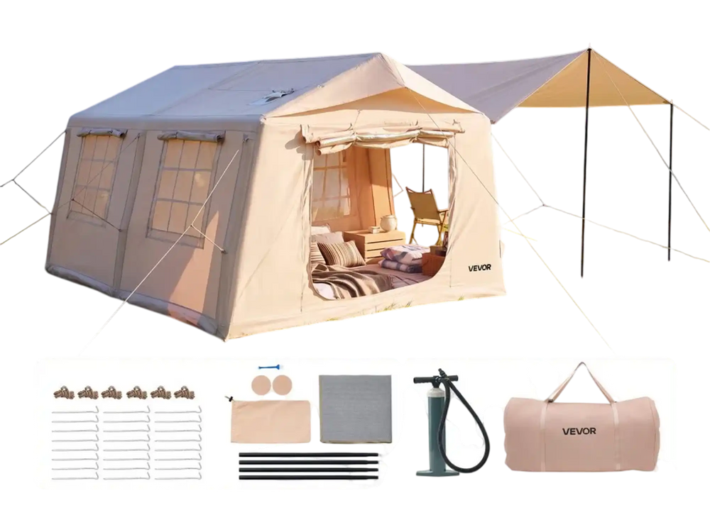 VEVOR Inflatable Tent for Camping 5-8 Person Blow Up Tent with Pump Beige, for Family Outdoor Glamping, Waterproof 420D Oxford, Easy Setup Air House with Skylight, Canopy, Stove Jack & Mesh Windows