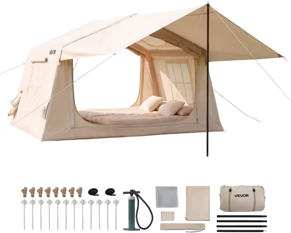 VEVOR Inflatable Tent for Camping 2-4 Person Blow Up Tent with Hand Pump, for Family Outdoor Glamping, Waterproof 420D Oxford, Easy Setup Air House with Skylight, Canopy, Stove Jack & Mesh Windows