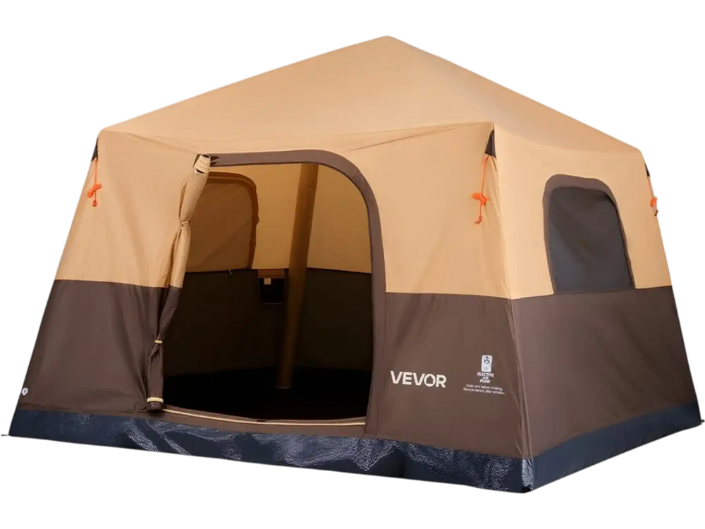 VEVOR Camping Tent, 6 Person Inflatable Cabin Tent with Rechargeable Pump, TPU Air Tube & 4 Large Mesh Windows, Portable Easy Setup Waterproof with Carry Bag for Family Outdoor Camping & Hiking, Beige