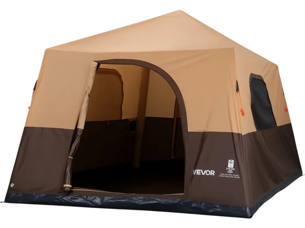 VEVOR Camping Tent, 8 Person Inflatable Cabin Tent with Rechargeable Pump, TPU Air Tube & 4 Large Mesh Windows, Portable Easy Setup Waterproof with Carry Bag for Family Outdoor Camping & Hiking, Beige
