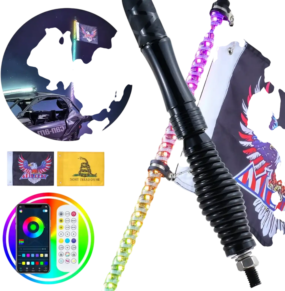 VEVOR 1 PC 3 FT Whip Light with Spring Base, Led Whip Light with APP & Remote Control, Waterproof 360° Spiral RGB Chasing Lighted Whip with 2 Flags, for UTVs, ATVs, Motorcycles, RZR, Can-am, Go-karts