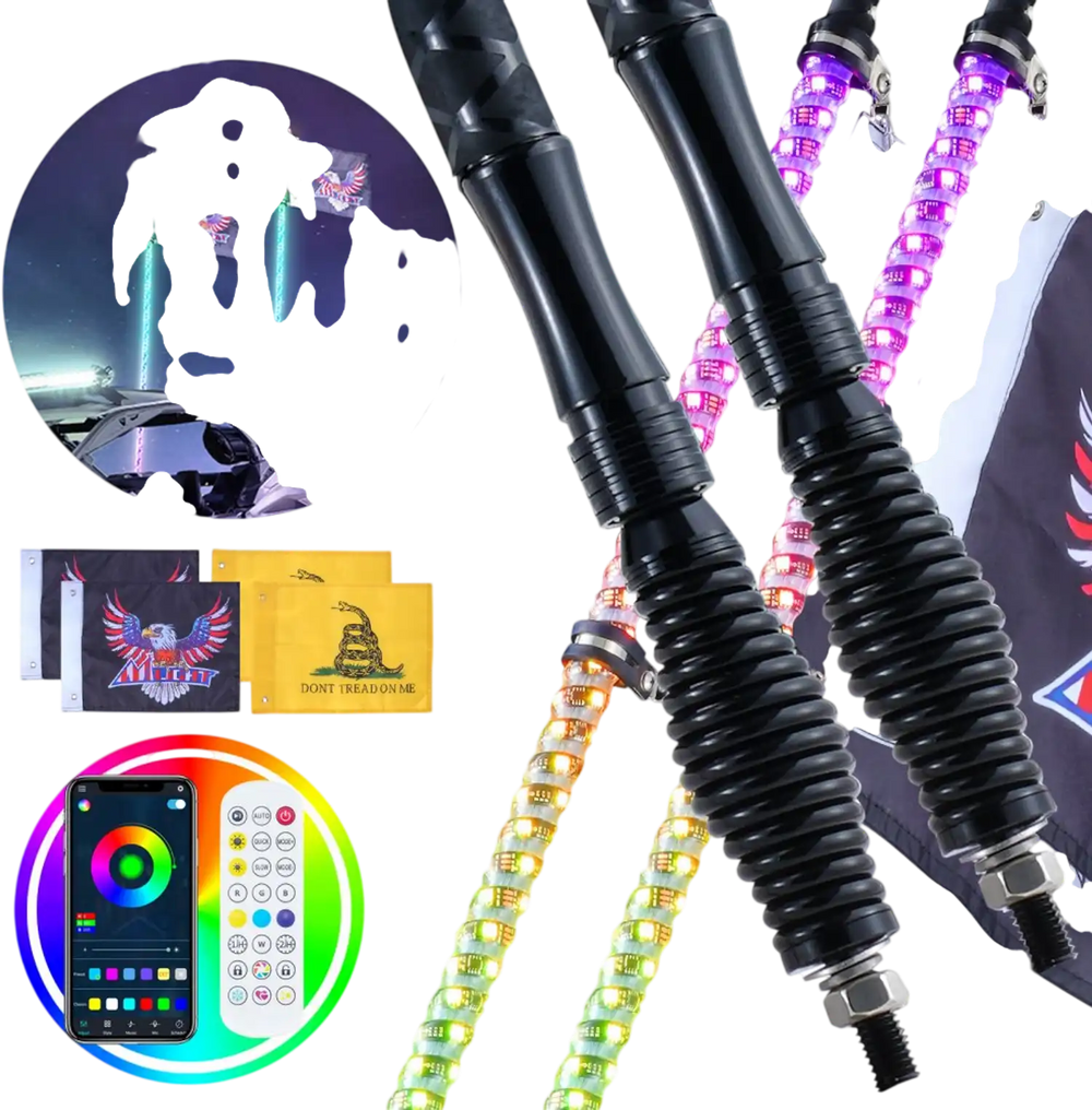 VEVOR 2 PCS 4 FT Whip Light with Spring Base, Led Whip Light with APP & Remote Control, Waterproof 360° Spiral RGB Chasing Lighted Whips with 2 Flags, for UTVs, ATVs, Motorcycles, RZR, Can-am, Go-kart