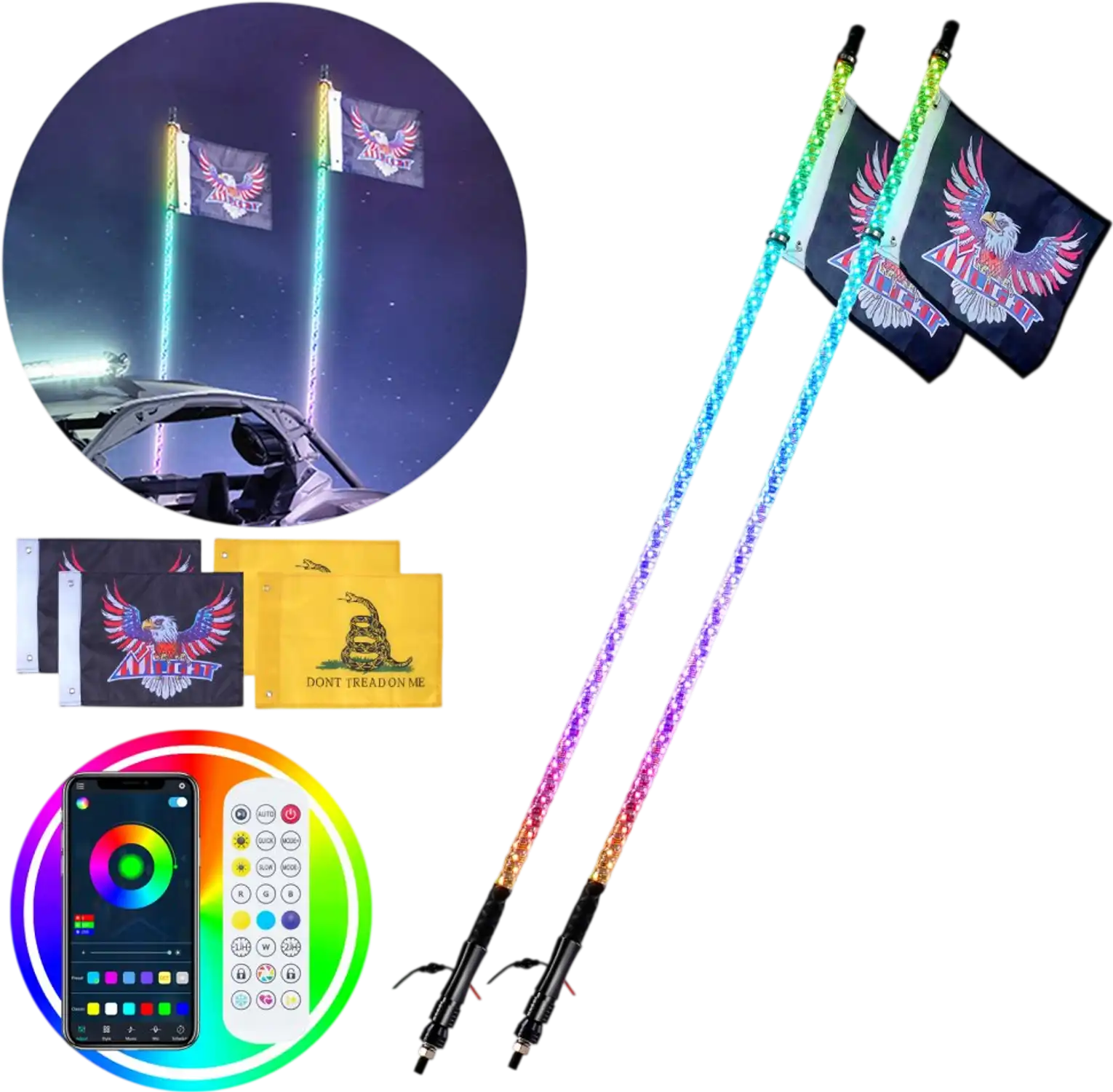 Vevor Whip Light 2 PCS 3' RGB Spiral LED Chasing Light Kit New