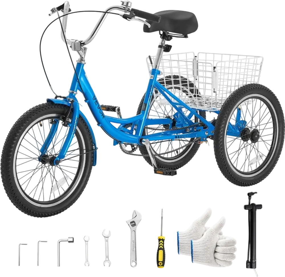 VEVOR Adult Tricycle 20 inch Trike for Adult 3 Wheel Cruiser Bike, with Cargo Basket, Adjustable Seat, and Double-Wall Wheel Rims, Carbon Steel Shopping Picnic Tricycles for Women, Men, Seniors