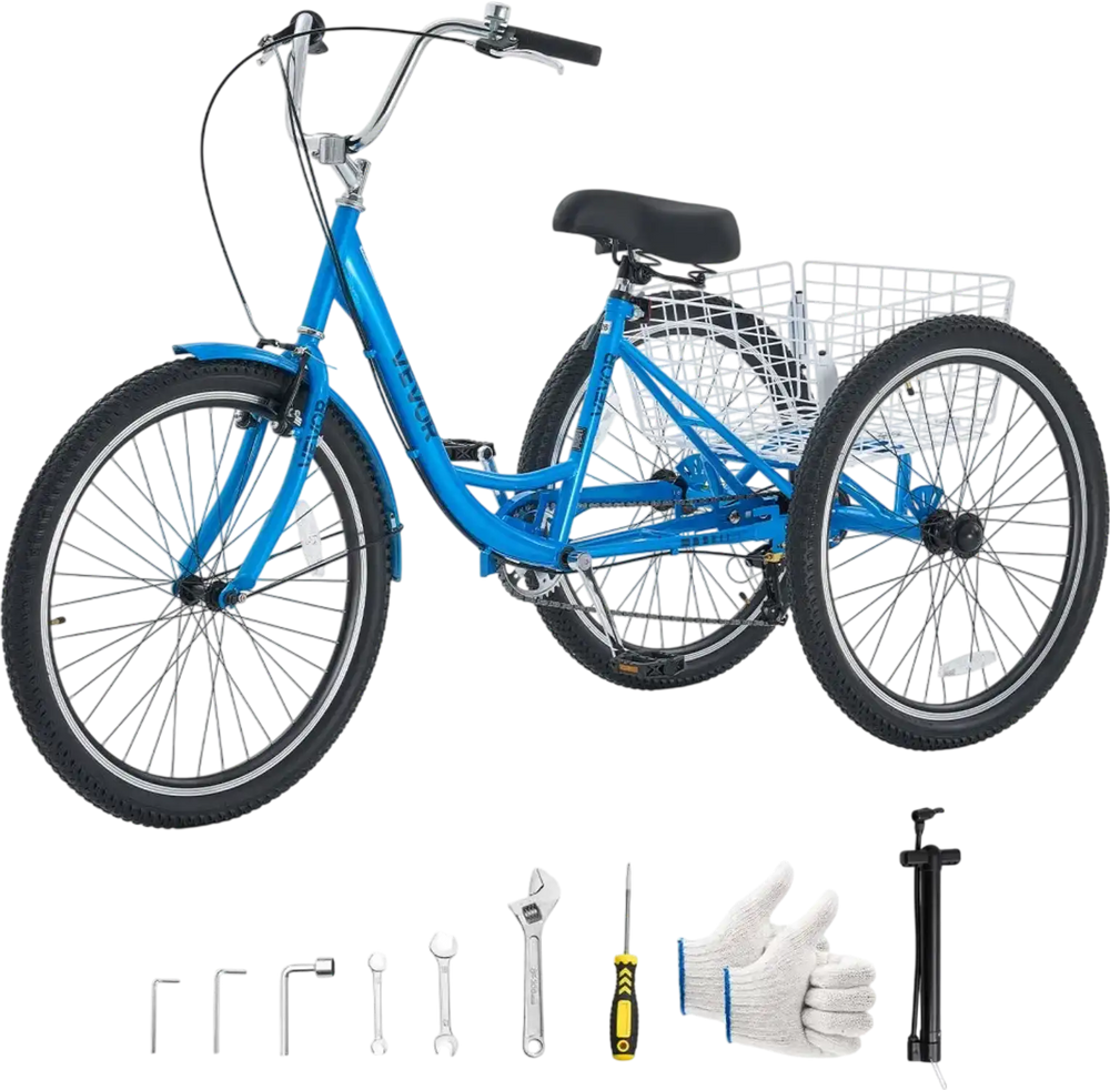VEVOR Adult Tricycle 24 inch 7 Speed Trikes for Adult 3 Wheel Cruiser Bike, w/ Cargo Basket, Adjustable Seat, and Double-Wall Wheel Rims, Carbon Steel Shopping Tricycles for Women, Men, Senior (Blue)