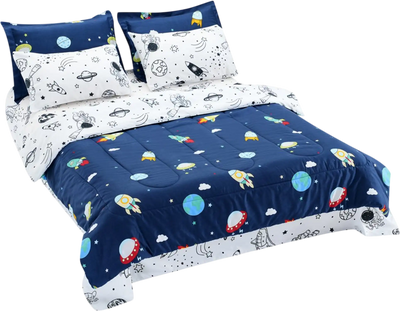 VEVOR Kids Comforter Set, 7 Pieces, Twin Bedding Sets with 1 Comforter, 1 Flat Sheet, 1 Fitted Sheet, 4 Pillowcases, Soft Microfiber & Space Printed, Bedding Comforter Sets for Boys Girls Teen