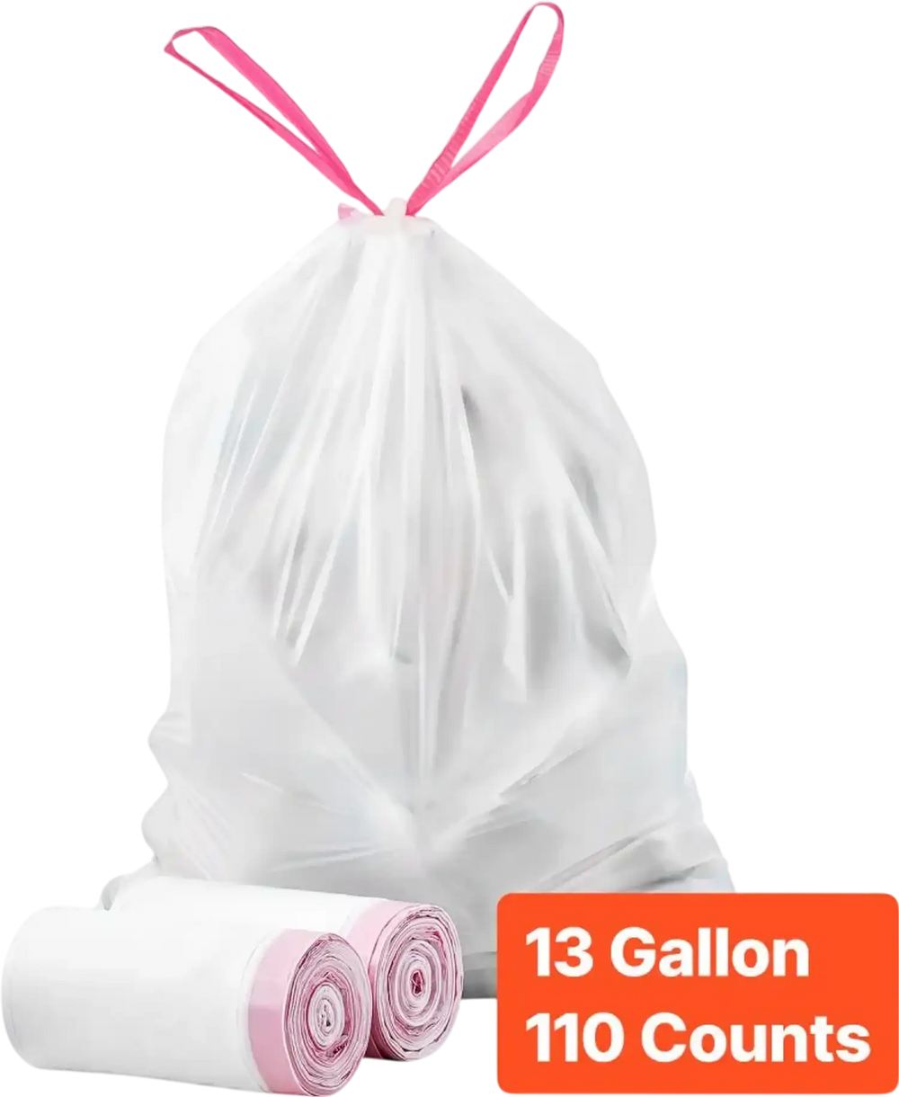 VEVOR Drawstring Trash Bags, 13 Gallon 110 Count Tall Kitchen Trash Bags, Extra Thick Fresh Scent Garbage Bag, Recyclable Bin Bag with Drawstrings, for Home Kitchen, Office, RV and Camping (White)