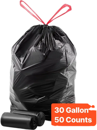 VEVOR Drawstring Trash Bags, 30 Gallon 50 Count Tall Kitchen Trash Bags, Extra Thick Tough and Durable Garbage Bag, Recyclable Bin Bag with Drawstrings, for Home Kitchen, Office, RV & Camping (Black)