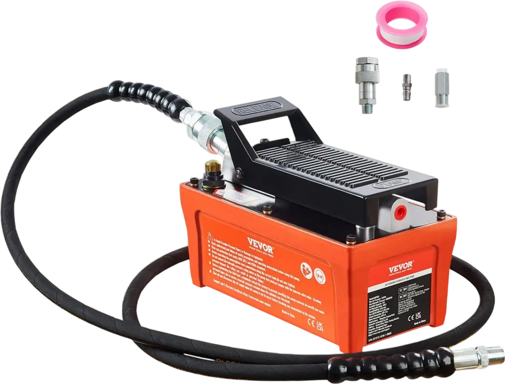 VEVOR Air Hydraulic Pump, 10,000 PSI 1/2 Gal Reservoir, NPT 3/8" Oil Outlet, NPT 1/4" Inlet, 6.6 ft Pipe, Foot Actuated Hydraulic Pump Air Treadle for Auto Body Frame Machines and Pulling Post, Orange