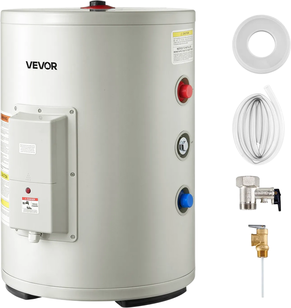 VEVOR 12 Gallon Electric Tank Water Heater, 1600W Point-of-Use Hot Water Heater with LED Display, Knob Control, Side Outlet, 120V Storage Design with T&P Valve for Small Apartments & Studios, Gray