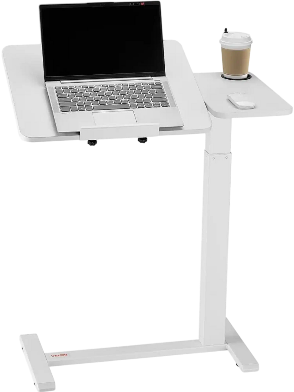 VEVOR Overbed Table, Mobile Bed Side Table with Flip Desktop and 4 Hidden Wheels, Height & Angle Adjustable Rolling Laptop Desk with Cup Holder, Portable Over Bed Desk for Home, Office, Study, White