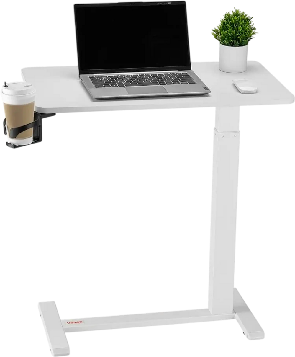 VEVOR Overbed Table, Mobile Bed Side Table with 4 Hidden Wheels, Height Adjustable Rolling Laptop Desk with Cup Holder, Portable Particleboard Over Bed Desk for Home, Office, Study, White