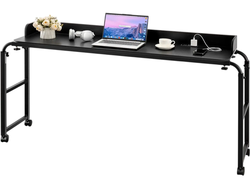 VEVOR Overbed Table, Mobile Bed Side Table with 4 Wheels (2 with Brakes) and Power Socket, Height Adjustable Rolling Laptop Desk, Portable Particleboard Over Bed Desk for Home, Office, Study, Black