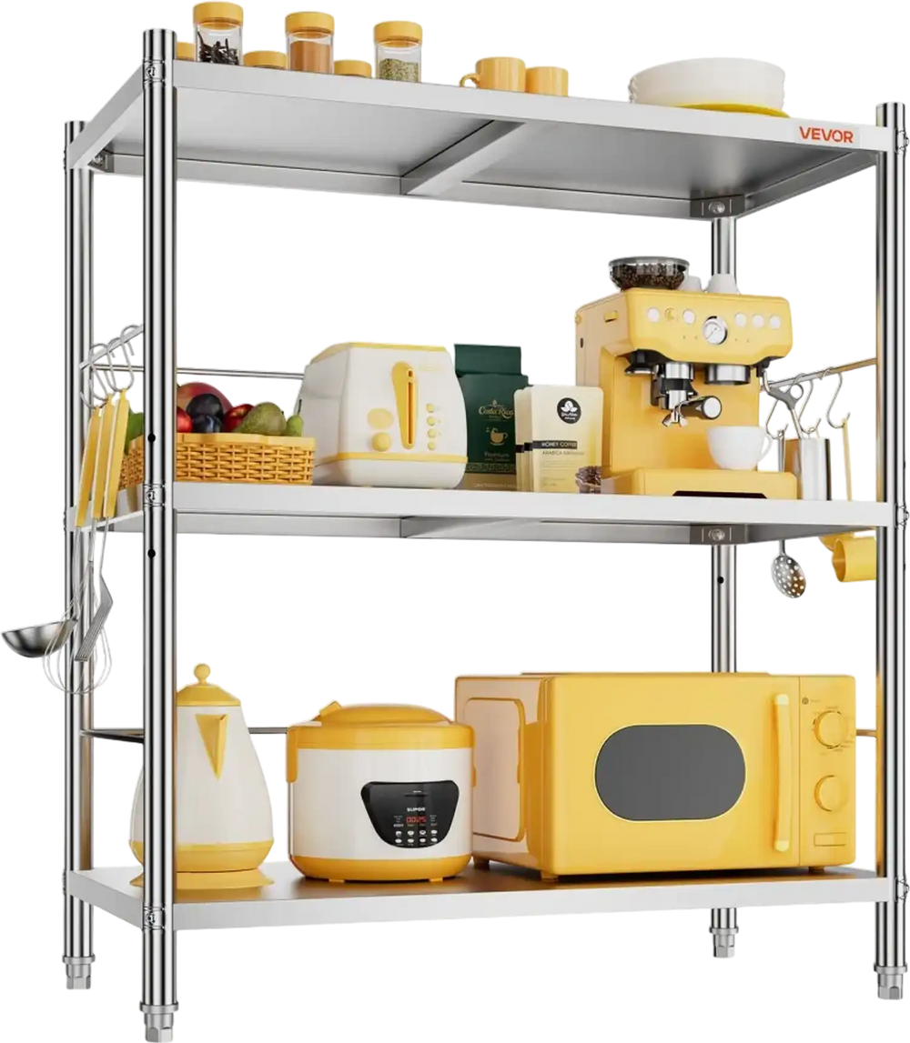 VEVOR Stainless Steel Shelving 3-Tier 31.5 x 15.8 x 35.4 in Storage Rack, for Kitchen Pantry Garage, 300 lb Per Shelf Heavy-Duty Organizer with 3-Level Adjustable Shelves, 6 Hooks, Leveling Feet