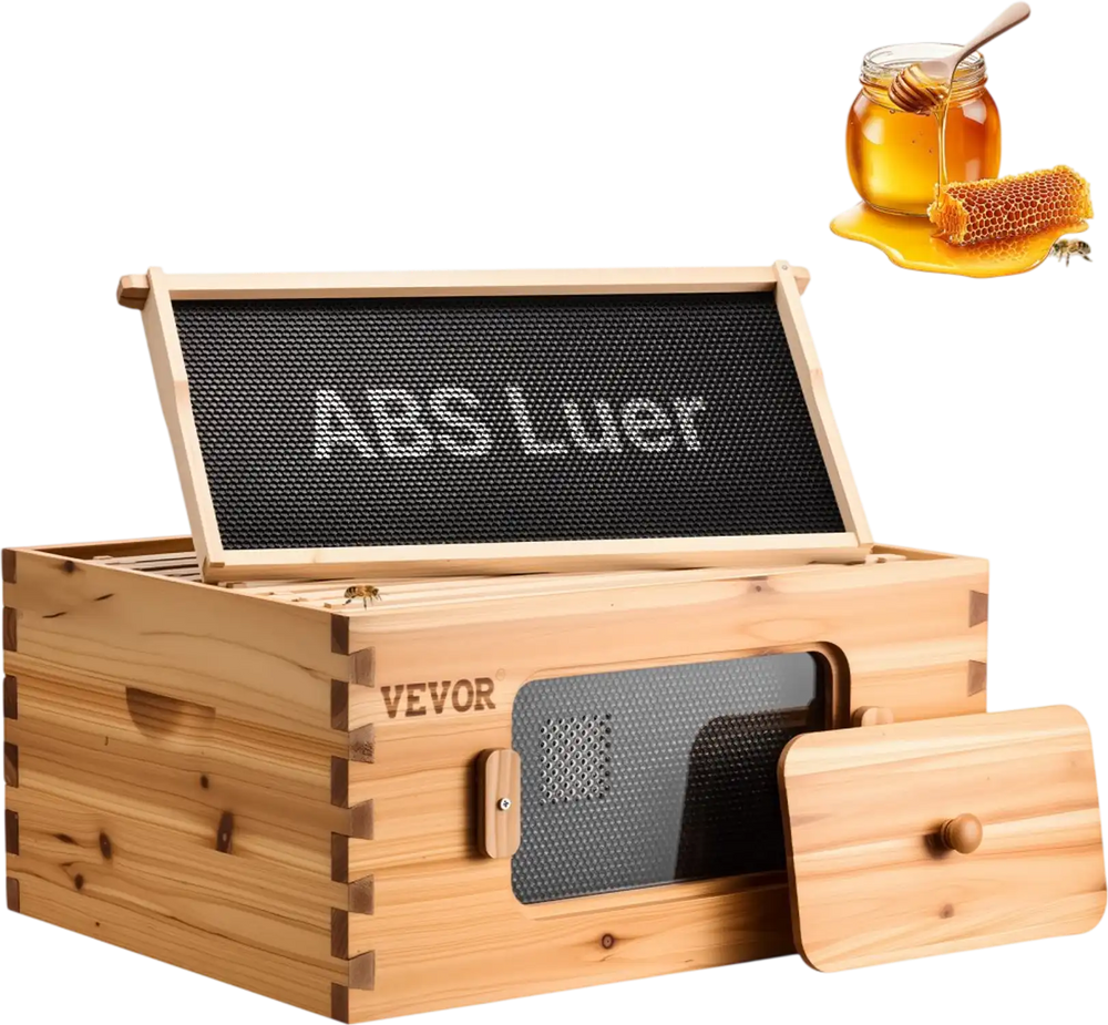 VEVOR Bee Hive Deep Box Starter Kit, 100% Beeswax Coated Natural Fir Wood, Langstroth Beehive Kit with 10 Frames and Foundations, Transparent Acrylic Bee Windows for Beginners and Pro Beekeepers