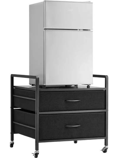 VEVOR Mini Fridge Stand with Storage, 176 lb-Capacity Mini Fridge Table with 2 Drawers & 4 Swivel Wheels, Mobile Mini Fridge Shelf, Black Mini Fridge Organizer for Dorm, Apartment, Office, Bedroom