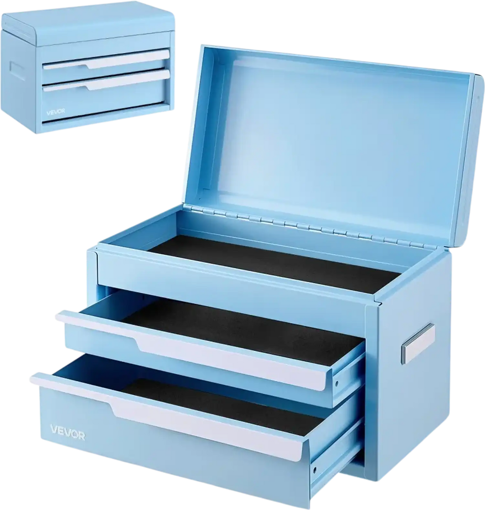 VEVOR Steel Tool Box with 2 Drawers and Top Storage Portable Metal Toolbox, for Garage Workshop Repair Shop Workbench, Magnetic Design, Heavy Duty Tool Storage Cabinet Organizer, with Liners, Blue